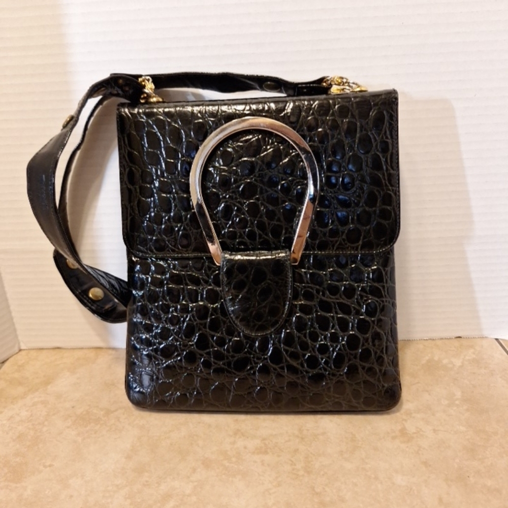 Vintage Varon Black Croc Embossed Shoulder Bag Adjustable Strap Gold Hardware 9"